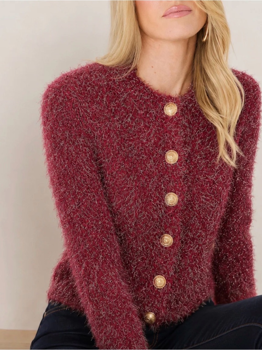 Noli Fuzzy Crewneck Cardigan in Merlot with Gold Buttons